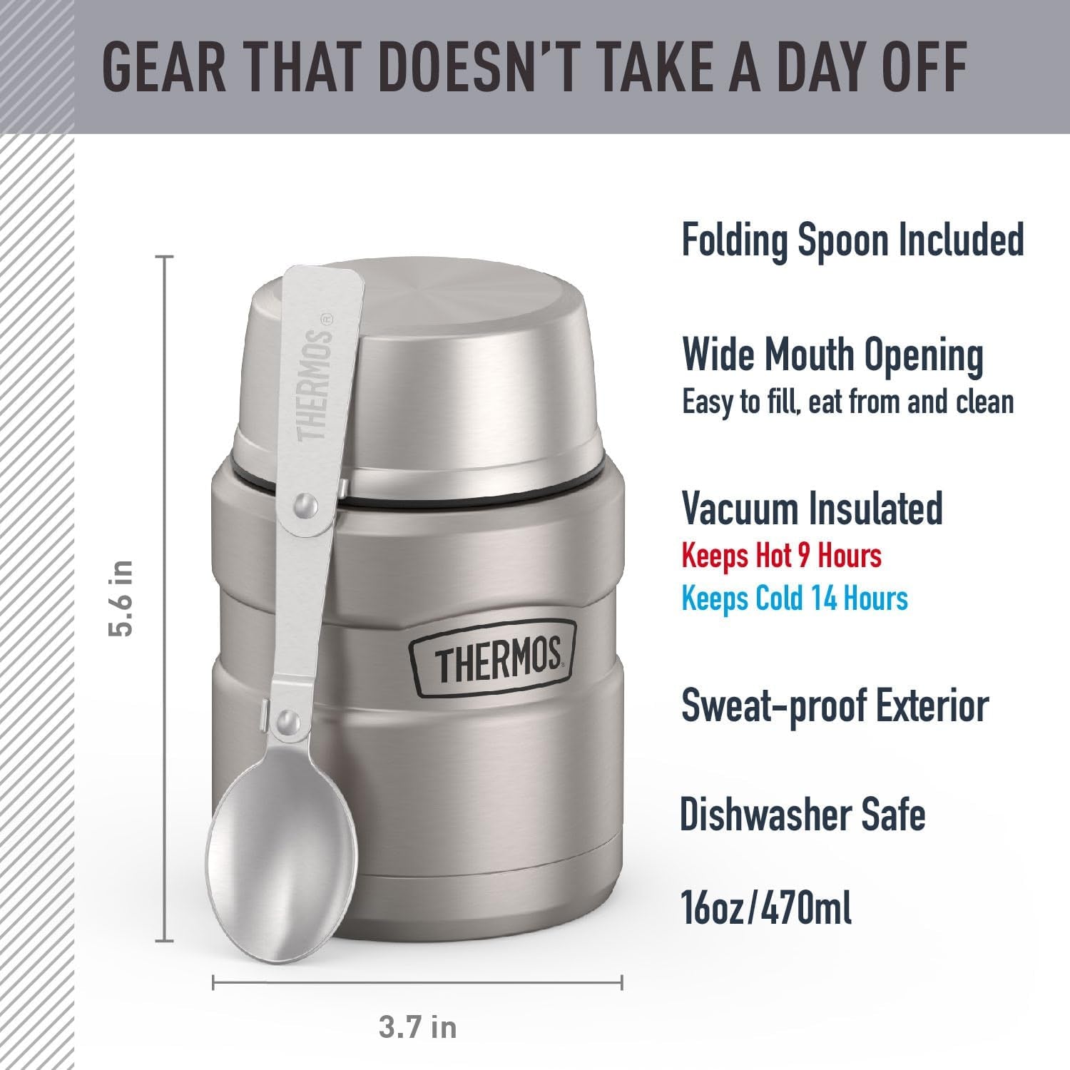 Stainless King Vacuum-Insulated Food Jar with Spoon, 16 Ounce, Matte Stainless Steel
